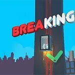 En skyskraber med en glas-elevator og to figurer indeni, omgivet af levende farver og urban skyline, med teksten Breaking Fall i baggrunden