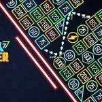 Neonfarvede blokke og tekst i et geometrisk mønster på mørk baggrund
