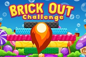 Farverige blokke stablet med en flamme foran og teksten Brick Out Challenge øverst, omgivet af bobler på en blå baggrund