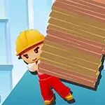 En animeret figur iført gul hjelm og rødt tøj balancerer en stak brædder, mens han står på en blå platform