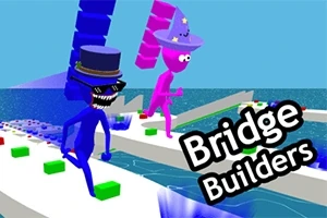 To figurer i blå og pink løber på broer, mens de bærer farverige hatte, med teksten Bridge Builders i højre hjørne