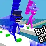To figurer i blå og pink løber på broer, mens de bærer farverige hatte, med teksten Bridge Builders i højre hjørne