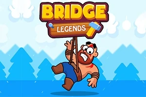En tegneseriefigur med skæg og pandebånd hænger fra et skilt med teksten Bridge Legends, omgivet af en blå baggrund med tegneserieskove
