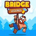 En tegneseriefigur med skæg og pandebånd hænger fra et skilt med teksten Bridge Legends, omgivet af en blå baggrund med tegneserieskove