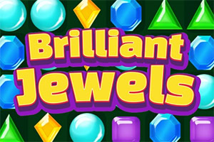 Farverige juveler i forskellige former med teksten Brilliant Jewels i midten