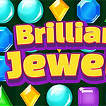 Farverige juveler i forskellige former med teksten Brilliant Jewels i midten