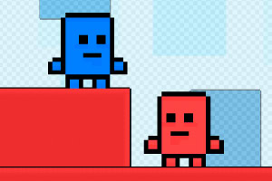 To pixelagtige figurer, en blå og en rød, står på forskellige niveauer af røde platforme mod en ternet lyseblå baggrund