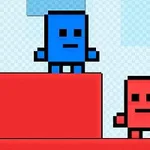 To pixelagtige figurer, en blå og en rød, står på forskellige niveauer af røde platforme mod en ternet lyseblå baggrund