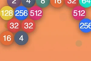 Flerfarvede bolde med tal som 4, 16, 32, 128, 256 og 512 på en orange baggrund