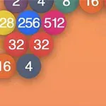 Flerfarvede bolde med tal som 4, 16, 32, 128, 256 og 512 på en orange baggrund