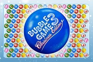 Et stort blåt cirkelfelt med teksten Bubble Game 3 Christmas Edition omgivet af farverige bobler med forskellige mønstre og symboler
