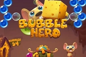 To mus med store ører og ost samt blå bobler og teksten Bubble Hero i midten