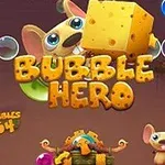 To mus med store ører og ost samt blå bobler og teksten Bubble Hero i midten