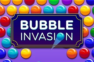 Farverige bobler på en lilla baggrund med teksten Bubble Invasion i midten