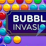 Farverige bobler på en lilla baggrund med teksten Bubble Invasion i midten