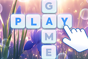 En hånd peger på krydsordstykker med bogstaverne PLAY og GAME mod en baggrund af lilla blomster og lysende bobler