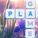 En hånd peger på krydsordstykker med bogstaverne PLAY og GAME mod en baggrund af lilla blomster og lysende bobler
