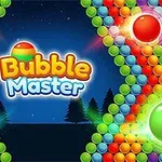 Farverige bobler i forskellige størrelser omkranser teksten Bubble Master mod en mørk baggrund med silhuetter af træer