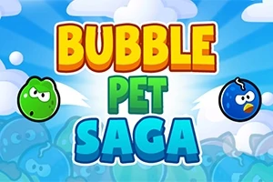 Tekst i lyse farver med ordene Bubble Pet Saga omgivet af farverige bobledyr på en skyfyldt blå baggrund