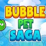 Tekst i lyse farver med ordene Bubble Pet Saga omgivet af farverige bobledyr på en skyfyldt blå baggrund