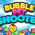 Farverige bogstaver med teksten Bubble Pet Shooter omgivet af tegnefilmagtige bobler med dyreansigter på en himmelbaggrund