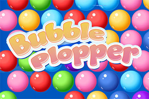 Farverige kugler i forskellige nuancer med teksten Bubble Plopper i midten