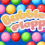 Farverige kugler i forskellige nuancer med teksten Bubble Plopper i midten