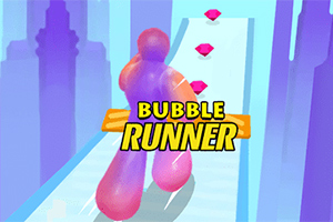 Farverigt figur løber på en sti med lyserøde krystaller, og teksten Bubble Runner er centreret på billedet