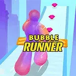 Farverigt figur løber på en sti med lyserøde krystaller, og teksten Bubble Runner er centreret på billedet