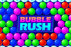 Farverige bobler i blå, grøn, rød og lilla omkring et centralt skilt med teksten BUBBLE RUSH