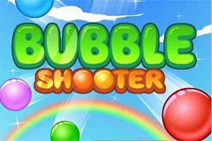 Farverige bobler svæver foran en blå himmel med skyer, regnbue og teksten Bubble Shooter
