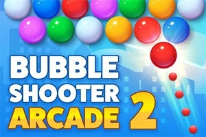Farverige bobler i forskellige rækker med teksten BUBBLE SHOOTER ARCADE 2 i forgrunden
