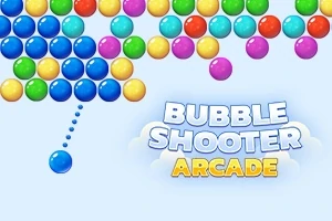 Farverige bobler er arrangeret i rækker øverst på billedet med teksten Bubble Shooter Arcade i bunden