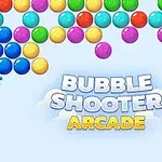 Farverige bobler er arrangeret i rækker øverst på billedet med teksten Bubble Shooter Arcade i bunden