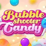Farverige bolde og slik-elementer mod en pastelbaggrund med teksten Bubble Shooter Candy 2