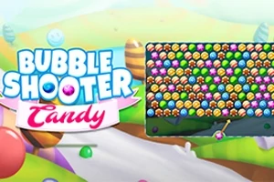 Farverigt spilinterface med bobler i forskellige mønstre og logoet Bubble Shooter Candy