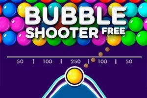 Farverige bobler med teksten Bubble Shooter Free øverst på en mørk lilla baggrund
