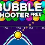 Farverige bobler med teksten Bubble Shooter Free øverst på en mørk lilla baggrund