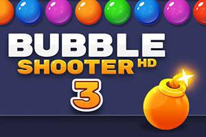 Farverige bobler på en mørk baggrund med teksten Bubble Shooter HD 3 og en lysende bombe