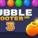 Farverige bobler på en mørk baggrund med teksten Bubble Shooter HD 3 og en lysende bombe