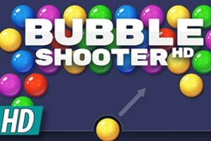 Farverige kugler ovenpå teksten Bubble Shooter HD på mørk baggrund med en pil og en kugle ved bunden