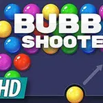 Farverige kugler ovenpå teksten Bubble Shooter HD på mørk baggrund med en pil og en kugle ved bunden