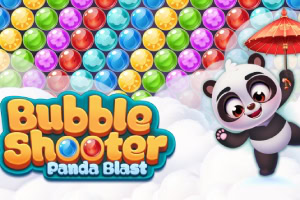 En tegneserie-panda holder en rød paraply, omgivet af farverige bobler og teksten Bubble Shooter Panda Blast