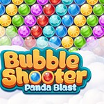 En tegneserie-panda holder en rød paraply, omgivet af farverige bobler og teksten Bubble Shooter Panda Blast