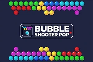Farverige bobler arrangeret i rækker over og under en boks med teksten Bubble Shooter Pop på en mørk baggrund