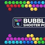 Farverige bobler arrangeret i rækker over og under en boks med teksten Bubble Shooter Pop på en mørk baggrund