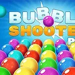 Farverige bobler i forskellige nuancer med teksten Bubble Shooter Pro mod en blå baggrund