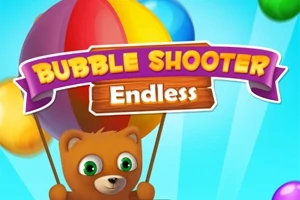 En brun bjørn holder farverige balloner med teksten Bubble Shooter Endless på en blå baggrund