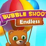 En brun bjørn holder farverige balloner med teksten Bubble Shooter Endless på en blå baggrund