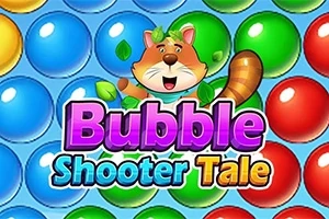 Farverige bobler i blå, grønne, røde og gule nuancer med en tegneseriefigur af et smilende dyr og teksten Bubble Shooter Tale